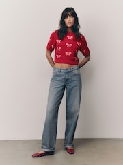 Red/Pink Short Sleeve Crew Neck Bow Knitted Jumper - Image 3 of 8