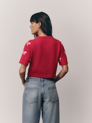 Red/Pink Short Sleeve Crew Neck Bow Knitted Jumper - Image 4 of 8
