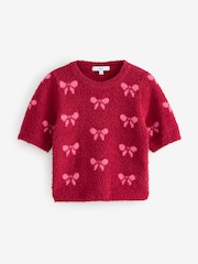 Red/Pink Short Sleeve Crew Neck Bow Knitted Jumper - Image 6 of 8