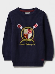 Crew Clothing Company Blue Logo Embroidered Crest 100% Cotton Jumper - Image 1 of 3