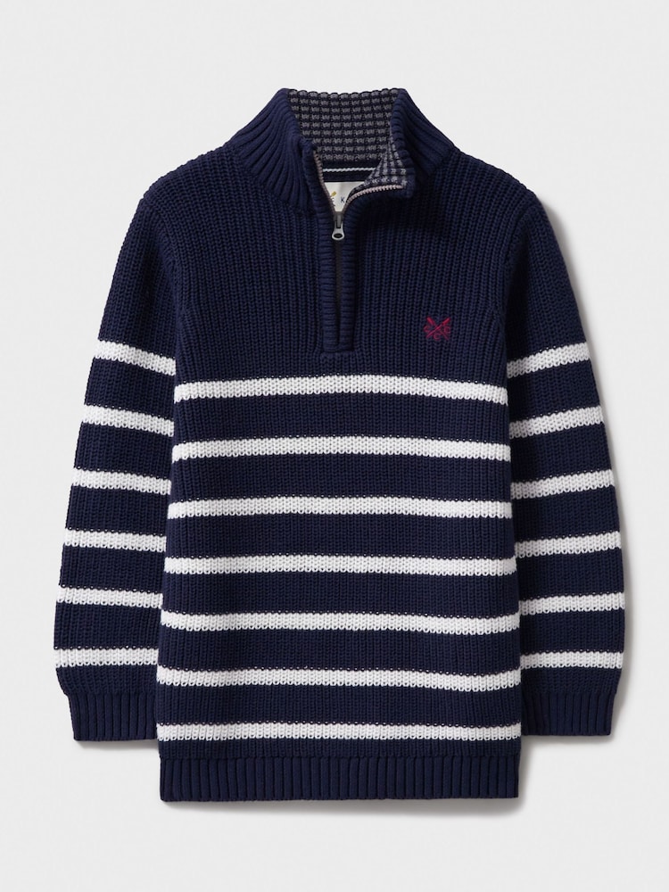 Crew Clothing Company Blue Classic Breton Half Zip Knit 100% Cotton Jumpers - Image 1 of 3