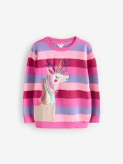 Crew Clothing Pink Crew Clothing Company Stripe Reindeer-Icorn Embellished Pink Jumper - Image 1 of 1