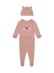 MORI Pink Little Kitty Cotton & Bamboo Bodysuit, Hat & Leggings Baby Outfit Set - Image 3 of 6