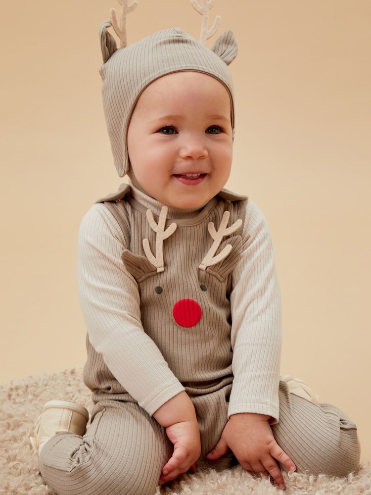 MORI Reindeer Cotton And Bamboo Christmas Brown Dungarees - Image 1 of 4
