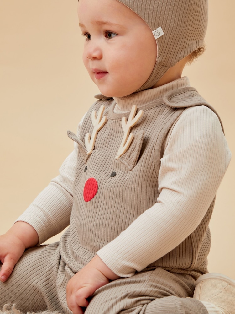 MORI Reindeer Cotton And Bamboo Christmas Brown Dungarees - Image 2 of 4