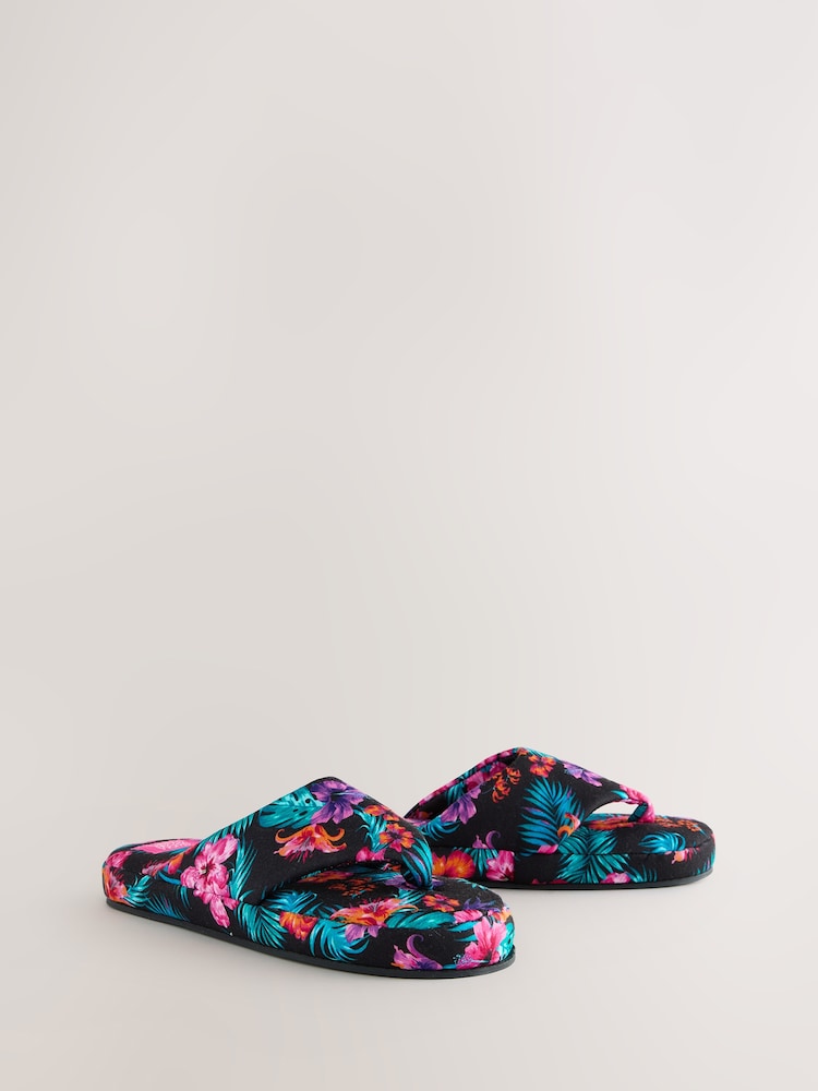 Bath & Body Works Black/Pink Hibiscus Thong Slippers - Image 1 of 5