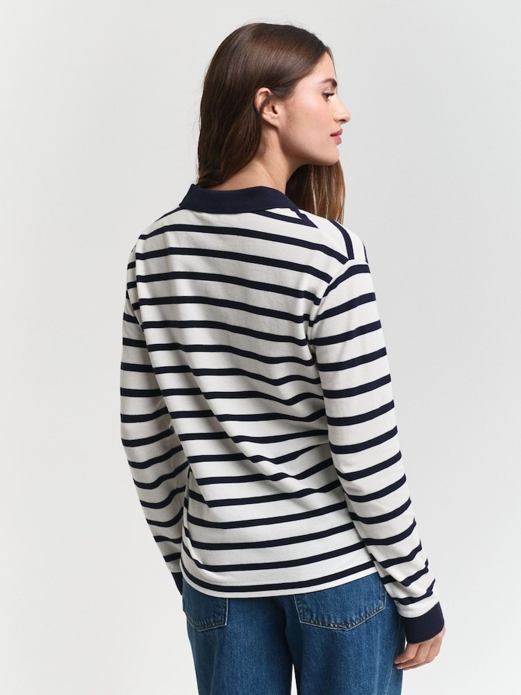 GANT Cream Long Sleeve Breton Stripe 100% Cotton Polo Shirt - Image 2 of 6