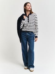GANT Cream Long Sleeve Breton Stripe 100% Cotton Polo Shirt - Image 3 of 6