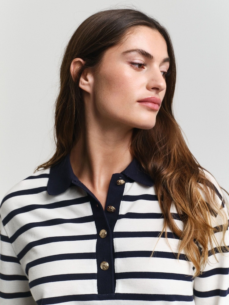 GANT Cream Long Sleeve Breton Stripe 100% Cotton Polo Shirt - Image 4 of 6