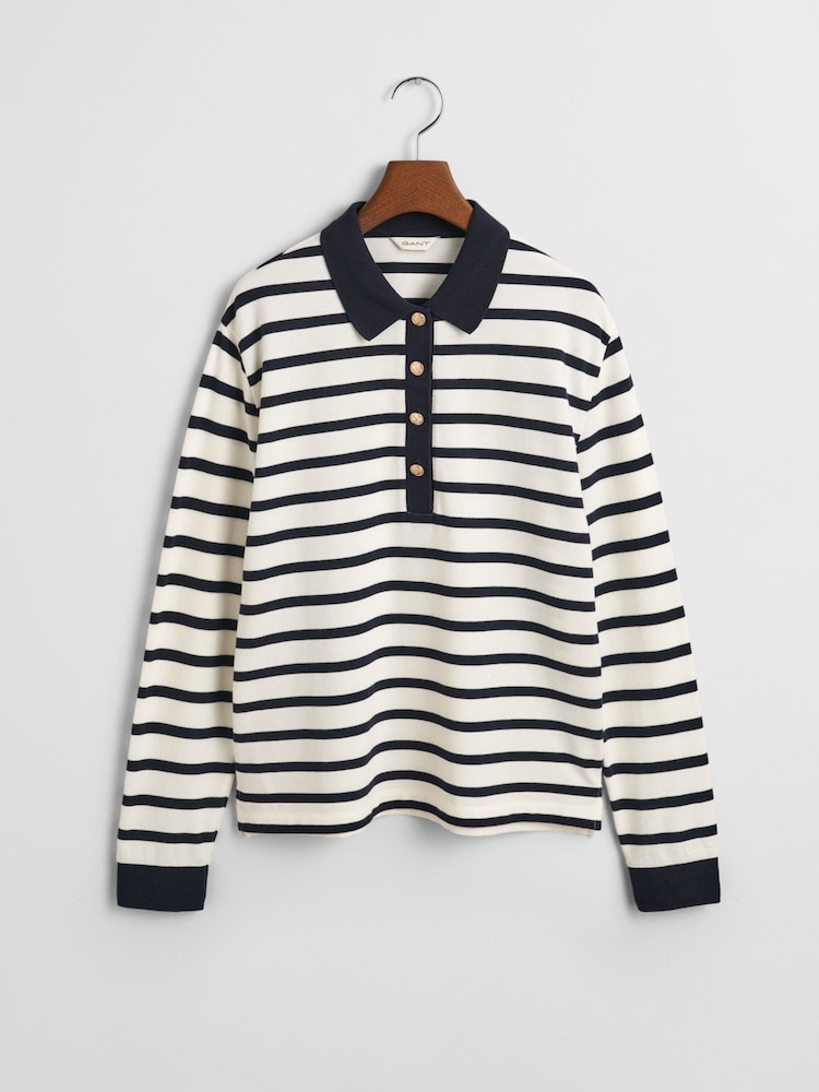 GANT Cream Long Sleeve Breton Stripe 100% Cotton Polo Shirt - Image 6 of 6