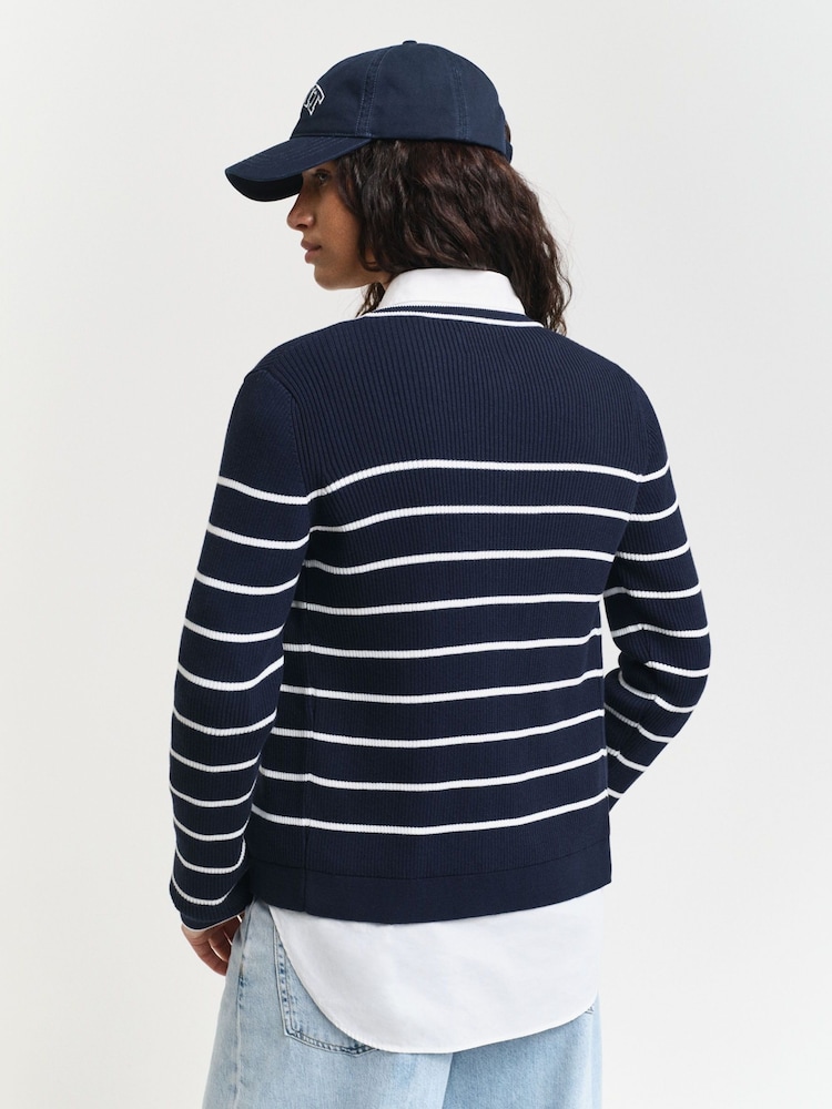 GANT Blue Ribbed Breton Cardigan - Image 2 of 6