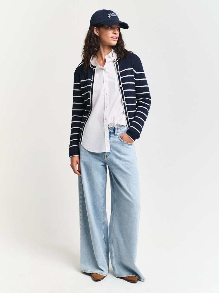 GANT Blue Ribbed Breton Cardigan - Image 3 of 6