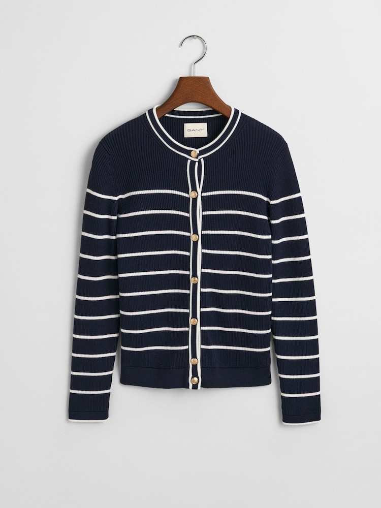 GANT Blue Ribbed Breton Cardigan - Image 5 of 6