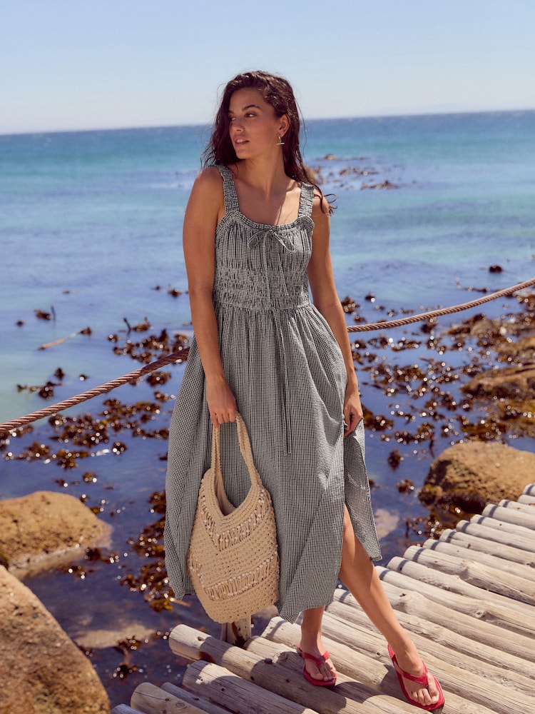 Mono Gingham Strappy Tie Front Midi Dress - Image 2 of 7