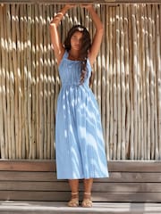Blue/White Stripe Strappy Tie Front Midi Dress - Image 1 of 6