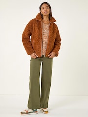 Roman Brown Teddy Faux Fur Bomber Jacket - Image 3 of 4