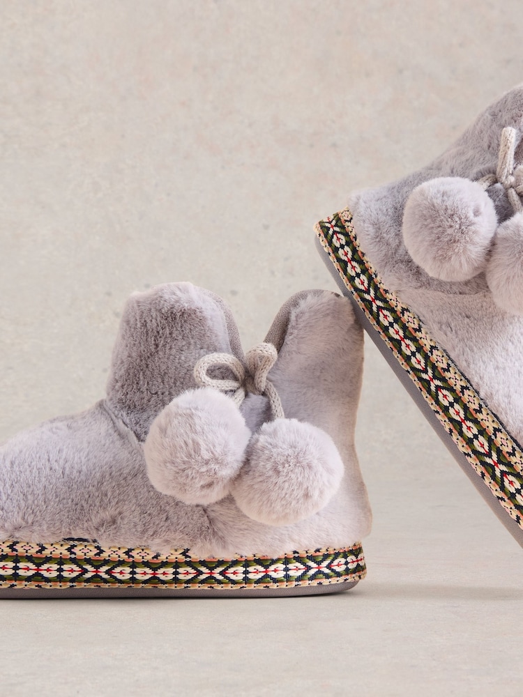 White Stuff Grey Faux Fur Bootie Slippers - Image 4 of 4
