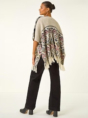 Roman Natural Jacquard Tassel Trim Poncho - Image 2 of 4