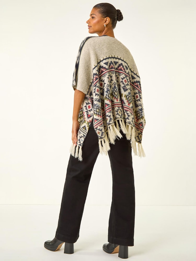 Roman Natural Jacquard Tassel Trim Poncho - Image 2 of 4 Roman Natural Jacquard Tassel Trim Poncho - Image 2 of 4