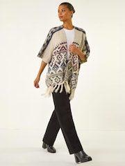 Roman Natural Jacquard Tassel Trim Poncho - Image 3 of 4