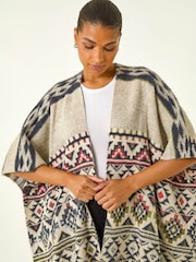 Roman Natural Jacquard Tassel Trim Poncho - Image 4 of 4