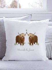 Personalised Couples Highland 100% Cotton Cow Cushion by Koko Blossom - Image 1 of 4