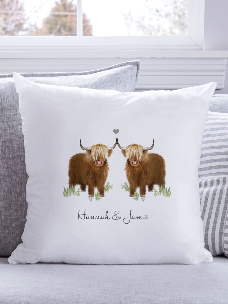 Personalised Couples Highland 100% Cotton Cow Cushion by Koko Blossom - Image 1 of 4