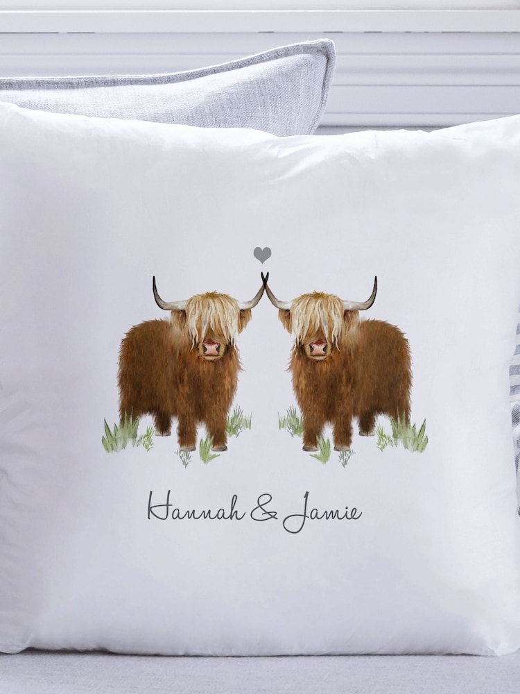 Personalised Couples Highland 100% Cotton Cow Cushion by Koko Blossom - Image 2 of 4