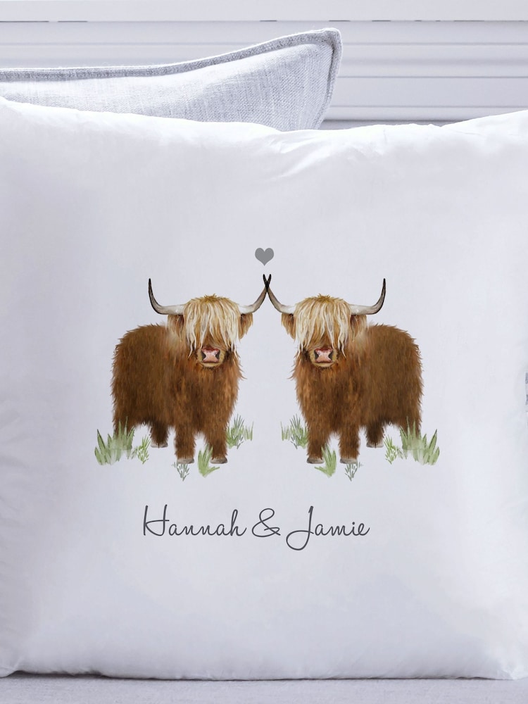 Personalised Couples Highland 100% Cotton Cow Cushion by Koko Blossom - Image 3 of 4