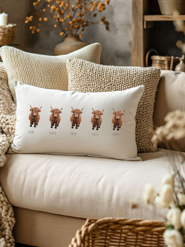 Personalised Family Highland 100% Cotton Cow Cushion by Koko Blossom - Image 1 of 3