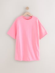 Fluro Pink Raw Hem Detail Washed 100% Cotton Crew Neck Dress - Image 1 of 3