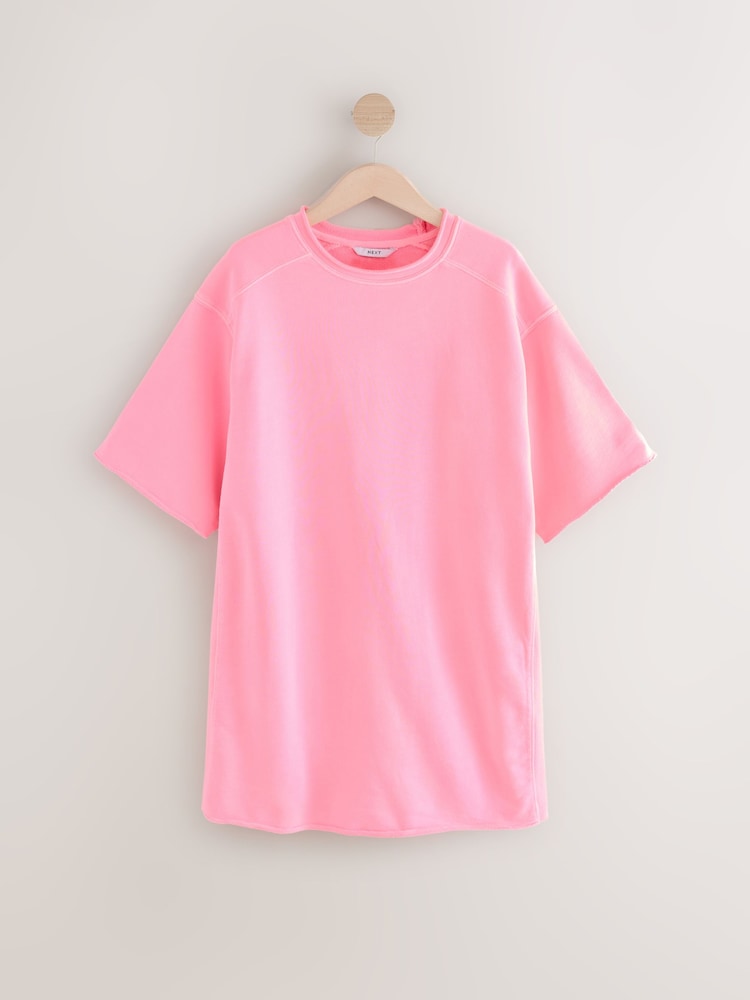 Fluro Pink Raw Hem Detail Washed 100% Cotton Crew Neck Dress - Image 1 of 3