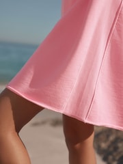 Rosa fluorescente - Vestido de cuello redondo de algodón 100% lavado con detalle de dobladillo deshilachado - Imagen 4 de 7