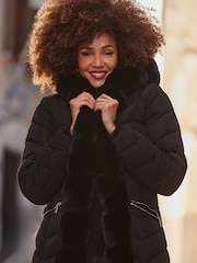 Sosandar Black Faux Fur Edge Detail Padded Coat - Image 5 of 5