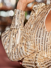 Sosandar Gold Sequin Balloon Sleeve Pencil Dress - Image 3 of 4