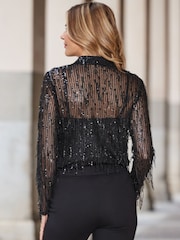 Sosandar Black Sequin Tassel Shirt - Image 4 of 5