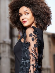 Sosandar Black Floral Print Sleeve Dress - Image 2 of 5