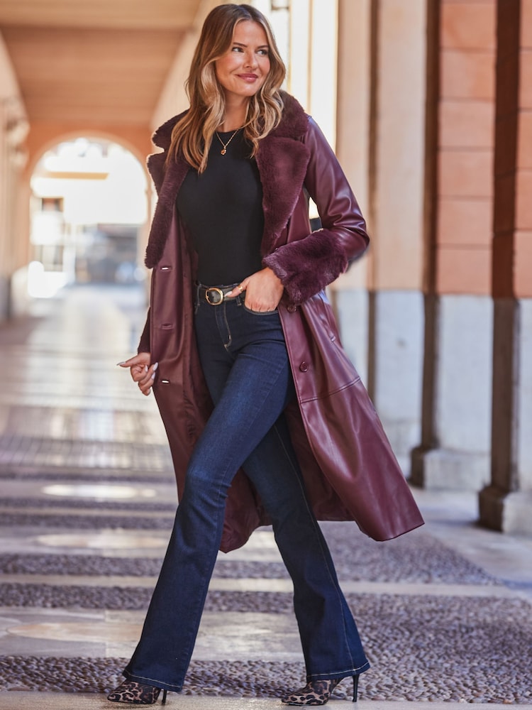 Sosandar Red Leather Coat With Faux Fur Trim - Image 2 of 5