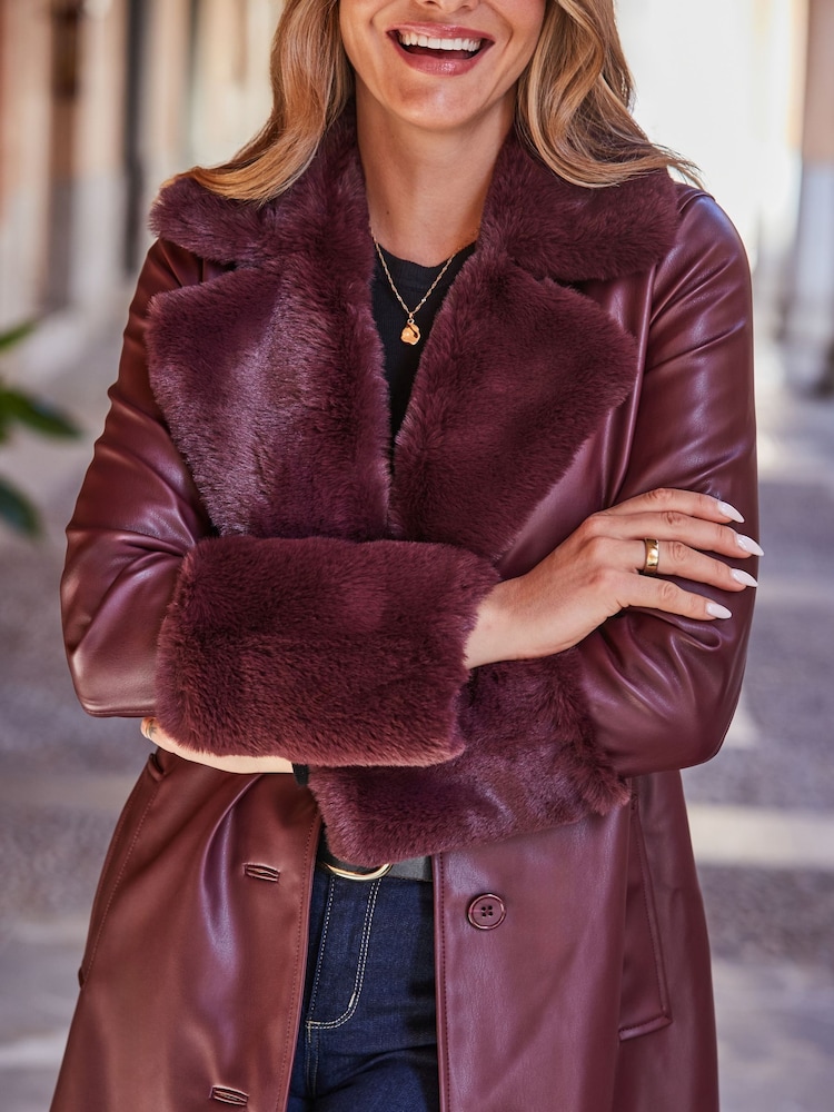 Sosandar Red Leather Coat With Faux Fur Trim - Image 5 of 5