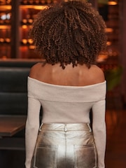 Sosandar Cream Metallic Bardot Ribbed Top - Image 5 of 5