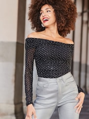 Sosandar Black Sparkle Mesh Bardot Top - Image 3 of 5