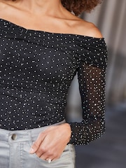 Sosandar Black Sparkle Mesh Bardot Top - Image 5 of 5