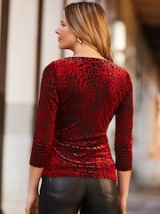Sosandar Red Leopard Print Velvet Faux Fur Wrap Top - Image 4 of 4