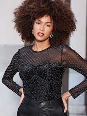 Sosandar Black Velvet Sparkle Mesh Sleeve Top - Image 1 of 5
