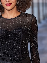 Sosandar Black Velvet Sparkle Mesh Sleeve Top - Image 5 of 5