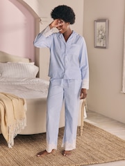 Laura Ashley Blue Stripe Long Sleeve Cotton Broderie Seer Sucker Pyjamas - Image 1 of 7
