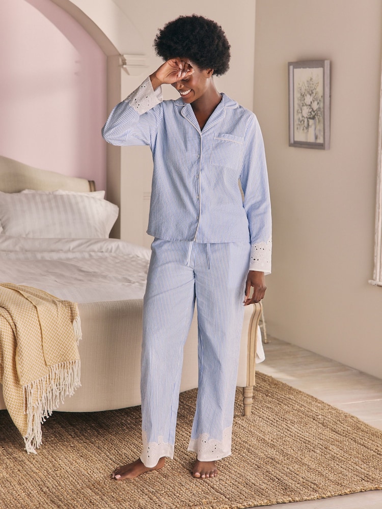 Laura Ashley Blue Stripe Long Sleeve Cotton Broderie Seer Sucker Pyjamas - Image 1 of 7 Laura Ashley Blue Stripe Long Sleeve Cotton Broderie Seer Sucker Pyjamas - Image 1 of 7