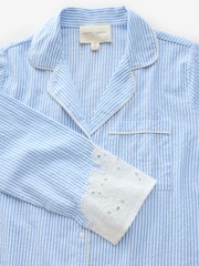 Laura Ashley Blue Stripe Long Sleeve Cotton Broderie Seer Sucker Pyjamas - Image 11 of 12