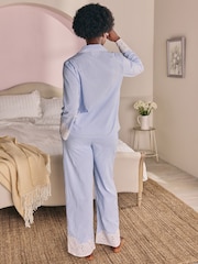 Laura Ashley Blue Stripe Long Sleeve Cotton Broderie Seer Sucker Pyjamas - Image 2 of 7