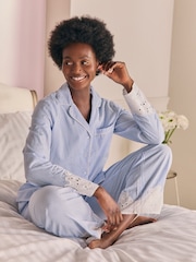 Laura Ashley Blue Stripe Long Sleeve Cotton Broderie Seer Sucker Pyjamas - Image 3 of 7